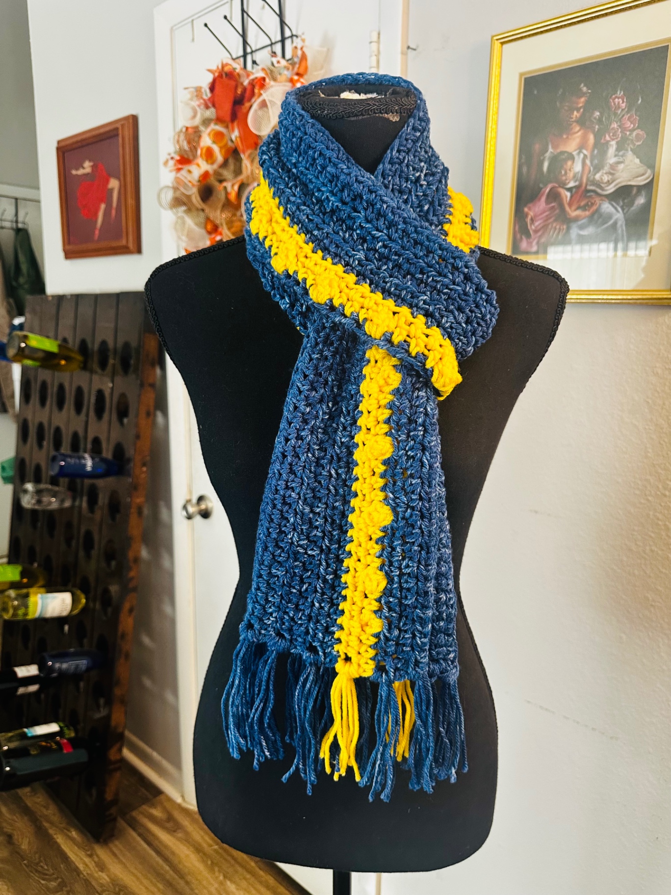Denim & Sunshine Scarf — handmade crochet scarve, Medium denim blue with bright yellow accents and fringe.