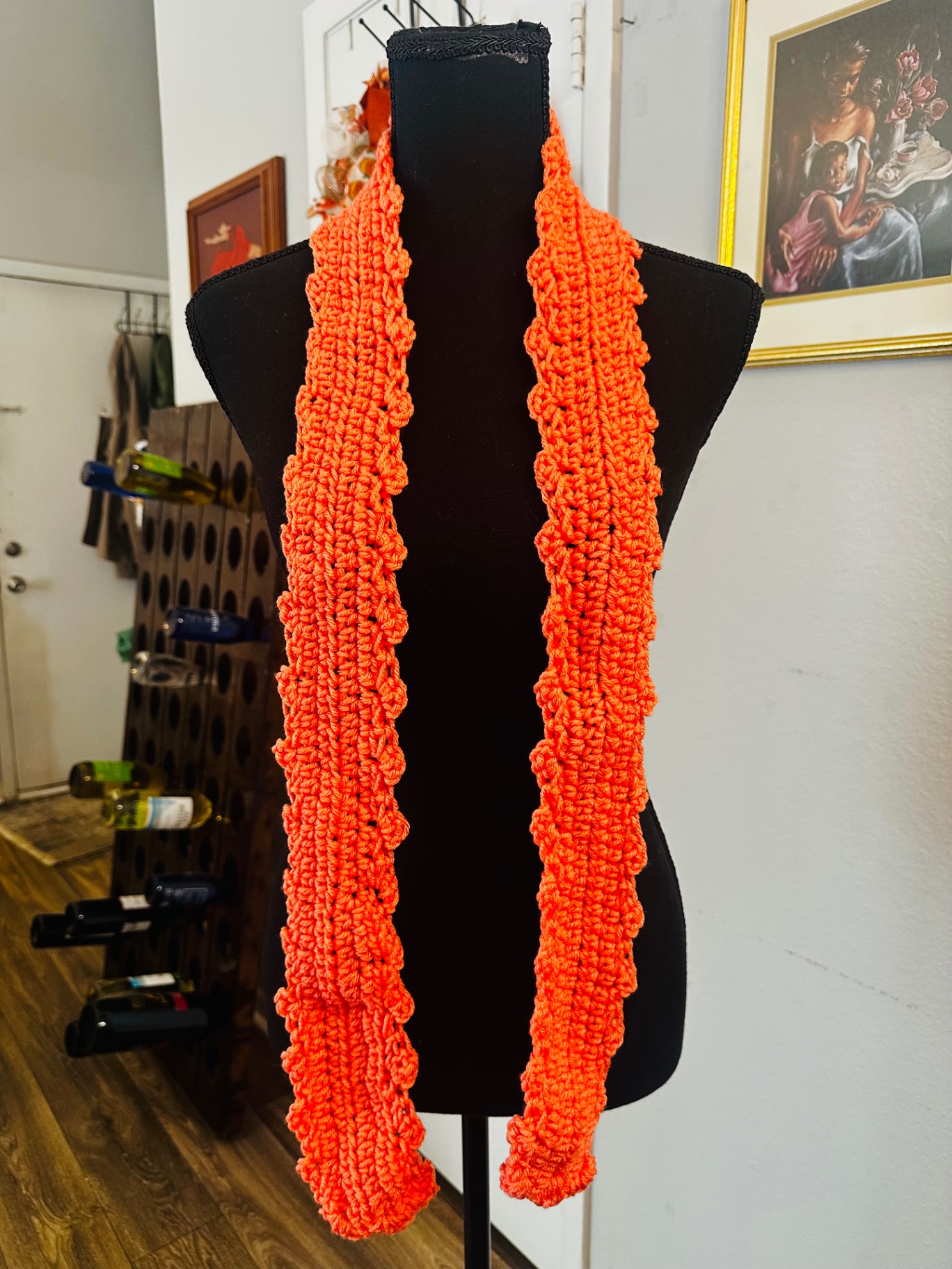 Tangerine Scalloped Scarf — handmade crochet scarve, Bright tangerine orange with textured scalloped edges.