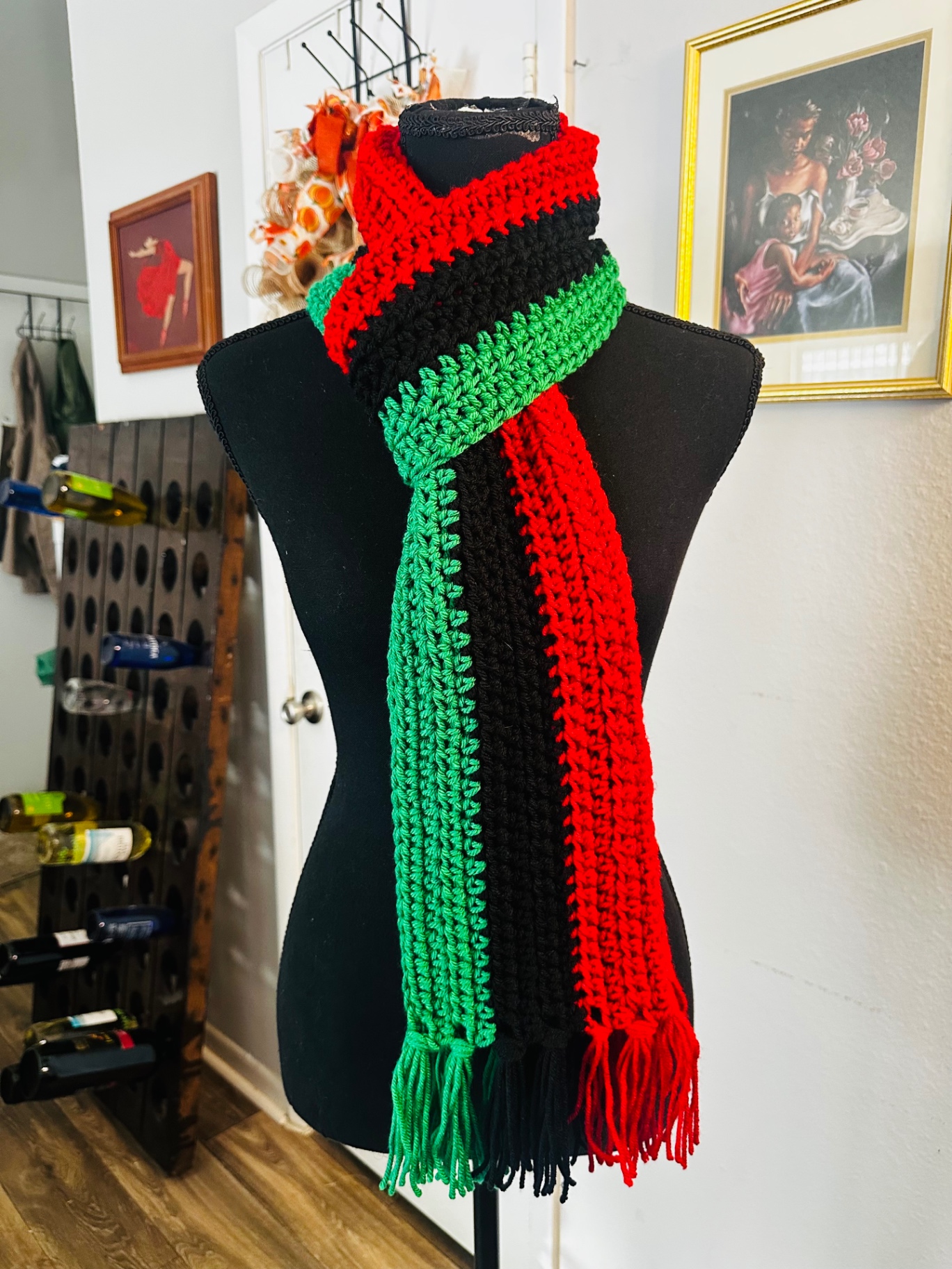 Red, Black & Green Scarf — handmade crochet scarve, Bold red, black and green stripes with fringe.