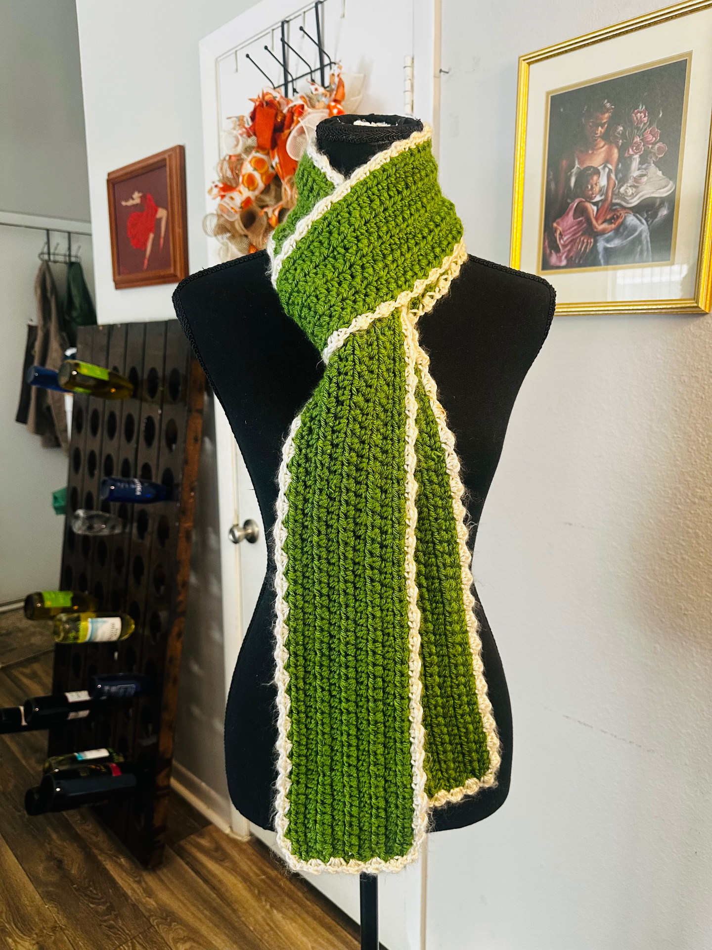 Moss & Cream Scarf — handmade crochet scarve, Earthy green with contrasting cream crochet trim.