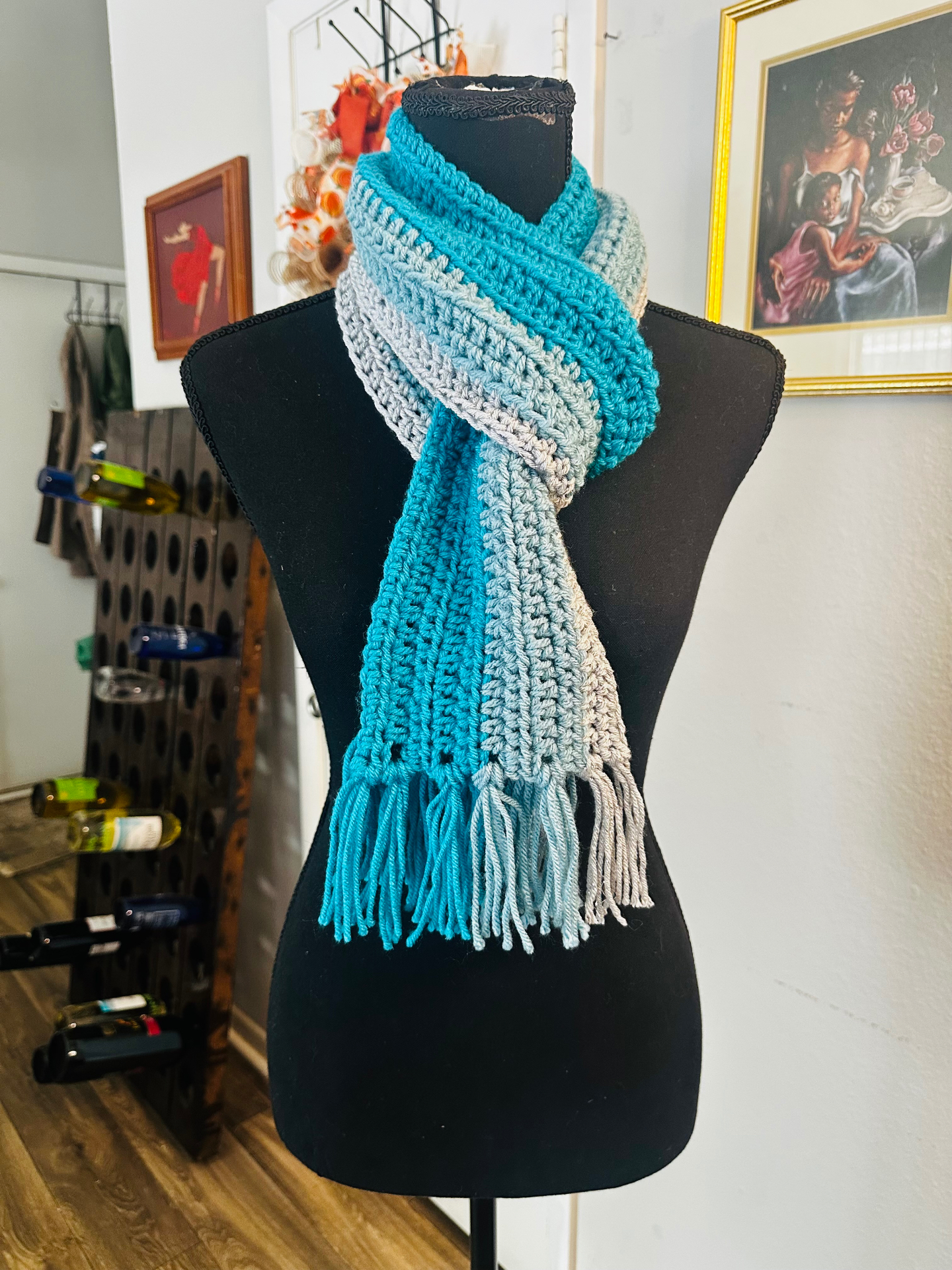Coastal Blues Scarf — handmade crochet scarve, Bright turquoise, pale blue and light neutral stripes with fringe.