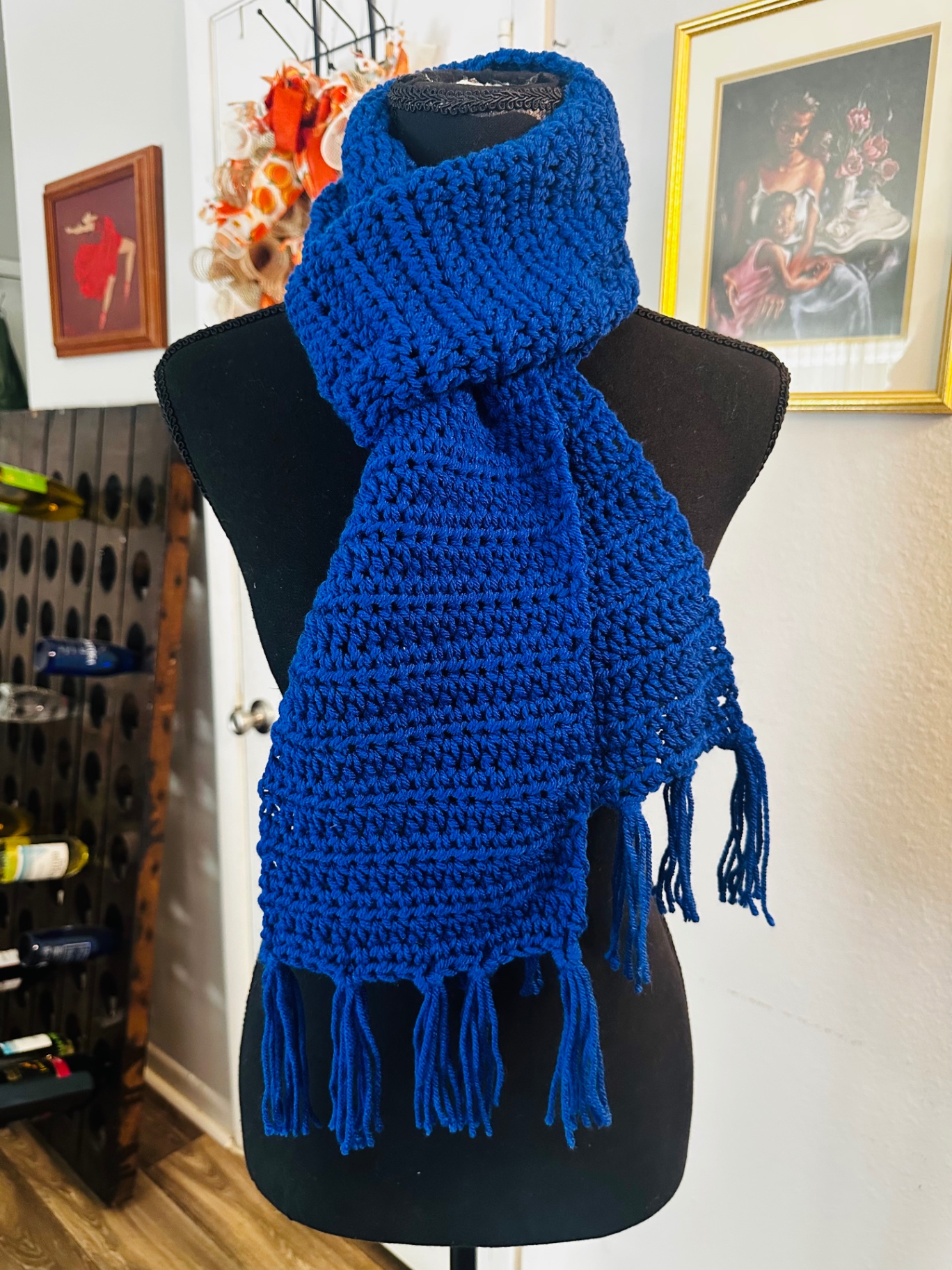 Electric Blue Fringe Scarf — handmade crochet scarve, Vivid royal blue, textured crochet rows, fringed ends.