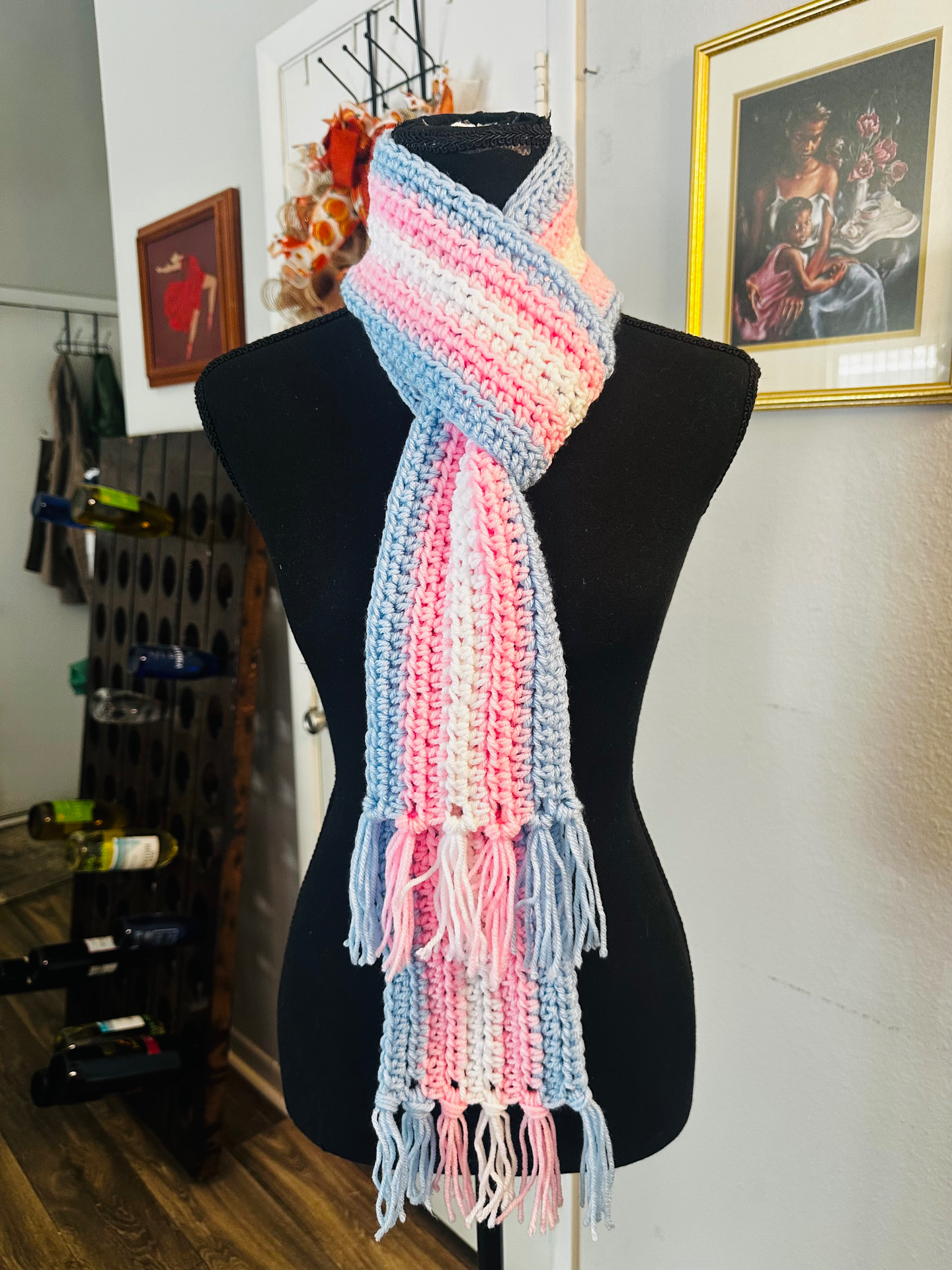 Candy Stripe Scarf — handmade crochet scarve, Pastel pink, light blue and white stripes with coordinating fringe.