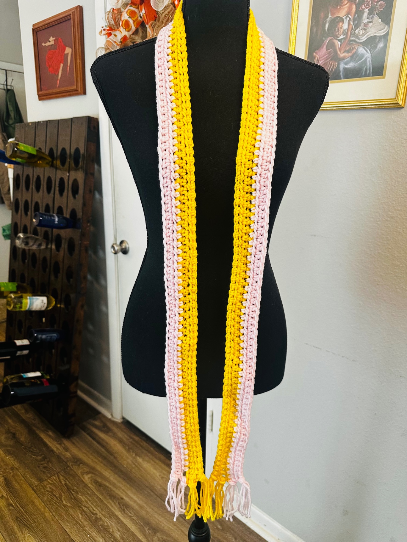 Pink Lemonade Scarf — handmade crochet scarve, Soft pink edges framing a sunny yellow center stripe, with fringe.