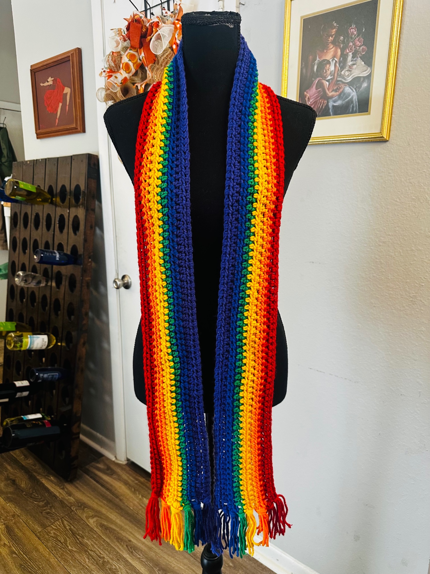 Rainbow Stripe Fringe Scarf — handmade crochet scarve, Red, orange, yellow, green and blue lengthwise stripes with matching fringe.