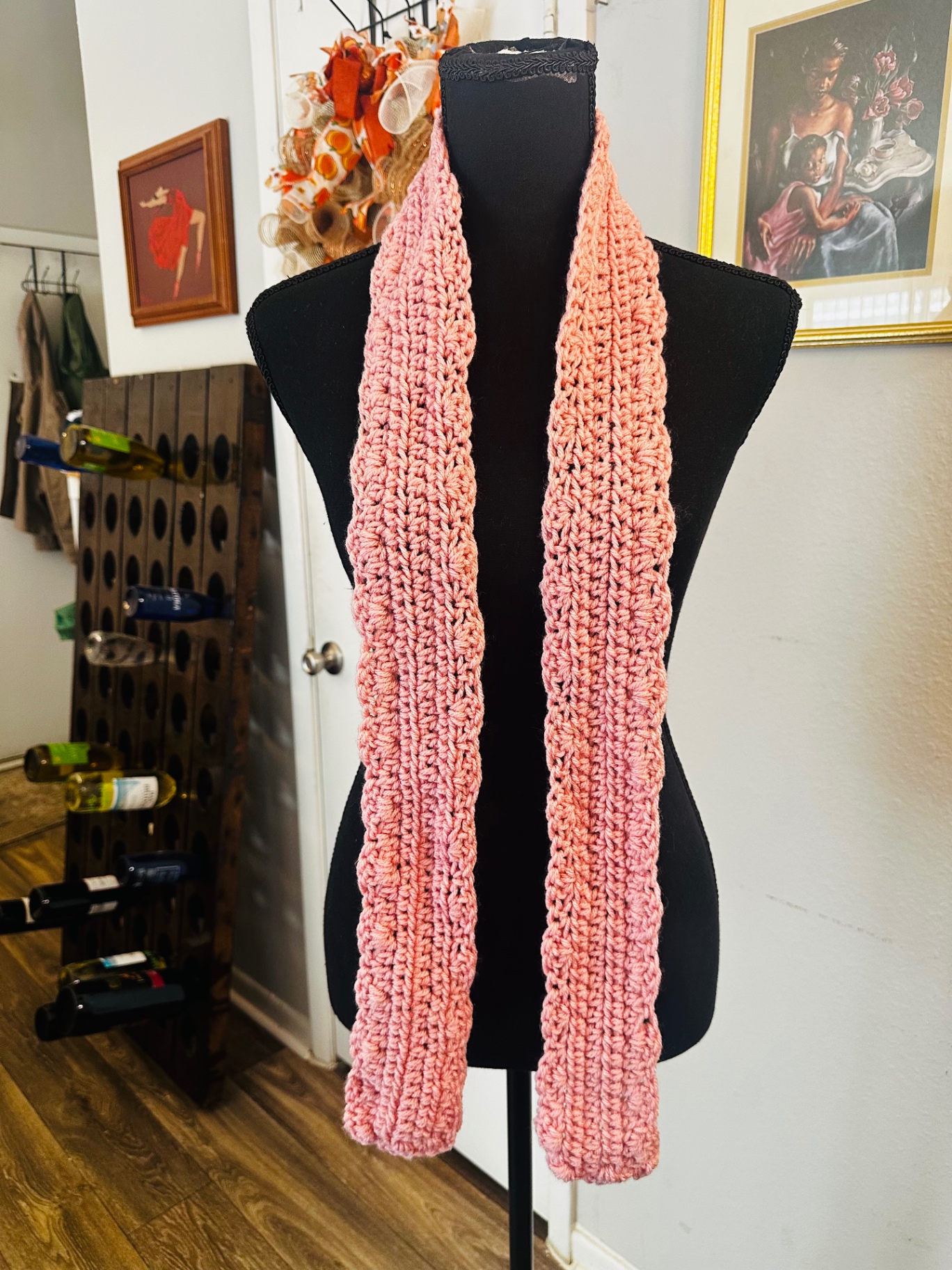 Rosy Pink Textured Scarf — handmade crochet scarve, Warm rosy pink with a textured stitch pattern.